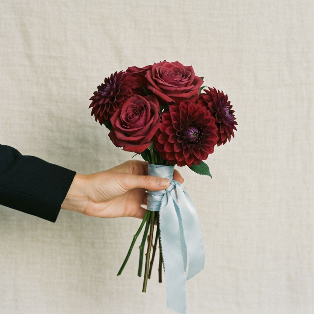 A small bouquet of burgundy roses with pale blue ribbon